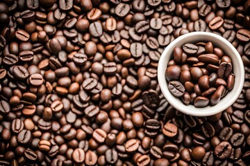 Fototapeta premium Coffee beans texture on white ceramic mug. Selective focus