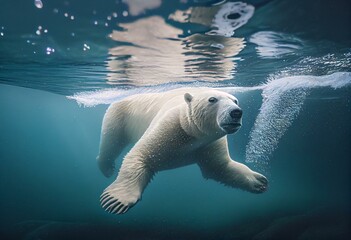 Underwater Encounter: Close-Up View of Polar Bear Swimming in Arctic Waters. Generative AI