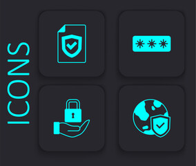 Set Shield with world globe, Contract shield, Password protection and Lock icon. Black square button. Vector