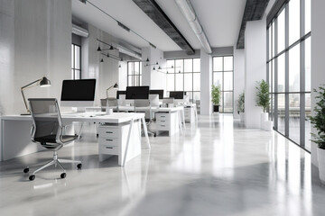  an office with a lot of desks and chairs and a plant in the middle of the room and a big window on the side of the wall.  generative ai