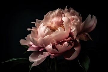  a large pink flower with green leaves on a black background with a black background and a dark background with a single pink flower in the center.  generative ai