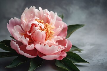  a large pink flower with green leaves on a gray background with a gray background and a gray background with a white and yellow center flower.  generative ai