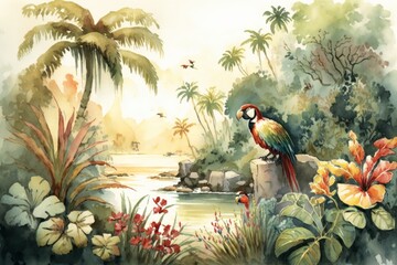 Tropical Paradise wallpaper. trees and birds with detailed watercolor paintings of a serene, tropical Hawaiian landscape