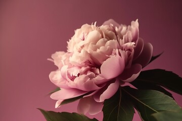  a large pink flower with green leaves on a pink background with a pink wall in the back ground and a pink wall in the back ground.  generative ai