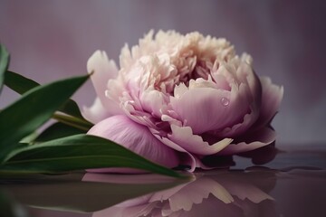  a large pink flower sitting on top of a table next to a green leafy plant on a reflective surface with water droplets on the surface.  generative ai
