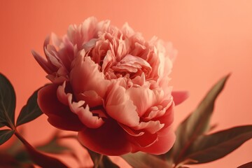 a large pink flower with green leaves on a pink background with a pink wall in the background and a green leaf in the foreground.  generative ai