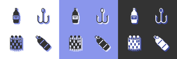 Set Aqualung, Bottle of vodka, Fishing net pattern and hook icon. Vector