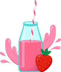strawberry smoothie, fresh strawberry juice, strawberry fresh in cartoon style