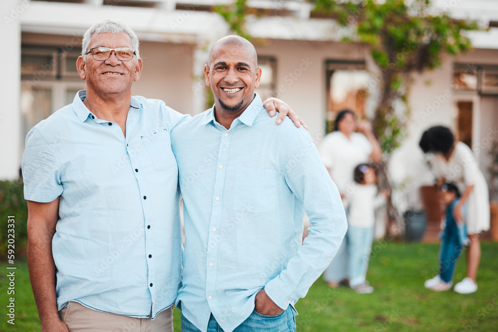 Poster Man, senior father and portrait on lawn with hug, smile and happiness at family home for reunion. Latino men, happy and together outdoor with excited face in summer on grass in garden with bonding