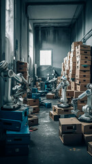 Robotic machines with artificial intelligence working in a factory, robots working in a company, generated with generative AI technology.