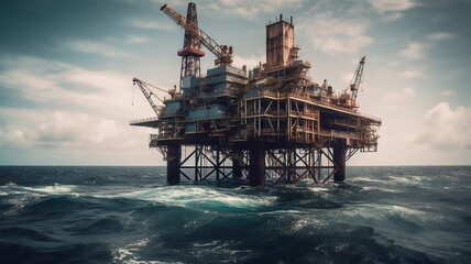 mid-ocean oil field, oil production, oil extraction machines, generated with generative AI technology.