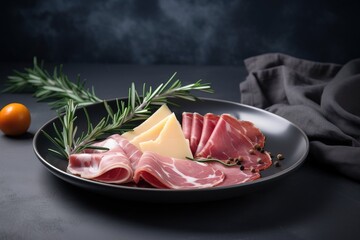  a plate with meat and cheese on it next to an orange on a black tablecloth and a black cloth with a dark background with a sprig of rosemary.  generative ai