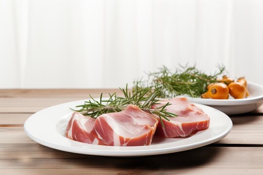 a plate of meat and a bowl of vegetables on a table with a curtain in the background and a white plate with a piece of meat and a sprig of rosemary on it.  generative ai