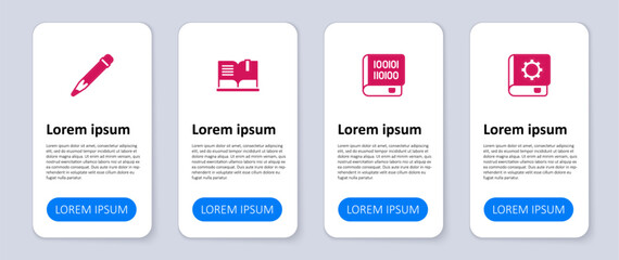 Set User manual, Books about programming, Open book and Pencil with eraser. Business infographic template. Vector