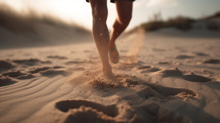 Dynamic Beach Run: First-Person Perspective of a Man's Legs Sprinting on Sandy Shore