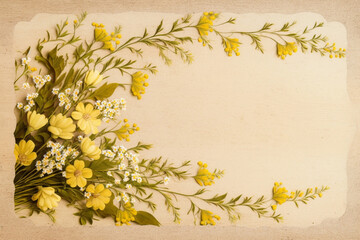 yellow floral on border on pale wood