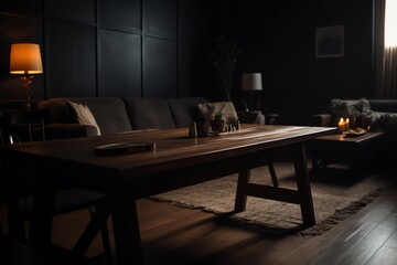 Empty wooden table in dark living room. Generative AI