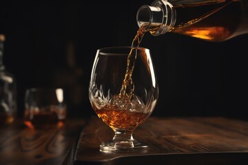 Naklejka na ściany i meble Whiskey pouring into glass on wooden table. Generative AI