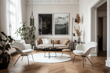 White living room with armchairs and art decoration. Generative AI