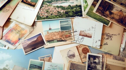 A collection of vintage postcards and stamps, with a vast space below for text, accompanied by a pastel background that transports the viewer to far - off destinations and memories. Generative ai.