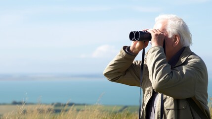 Obraz premium An elderly individual delighting in birdwatching with a pair of binoculars, with a vast space below for text, accompanied by a pastel background that reflects the peace of nature. Generative ai.