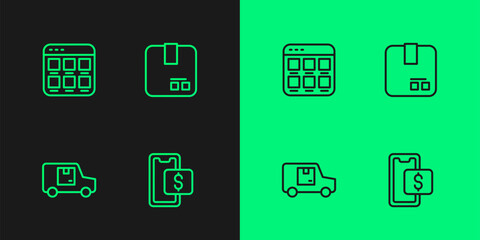 Set line Mobile shopping, Delivery cargo truck, Online on screen and Carton cardboard box icon. Vector
