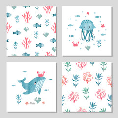 Sea animals set. Collection of marine seamless patterns with watercolor fish and seaweeds