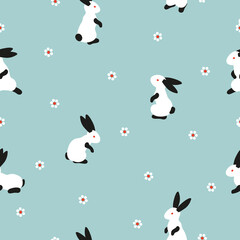 Seamless Easter pattern with cute bunny and flowers. Vector rabbit illustration