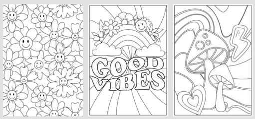 Gordijnen Landschap patronen Groovy digital coloring pages set. Hippie coloring book in vintage 70s style. Geometric retro design templates with Psychedelic flowers, mushrooms, rainbow and hand drawn elements. Vector illustration  © mitoria