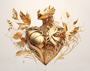 Golden heart with elegance woman silhouette, leaves and.plant elements on a white background. Generative AI