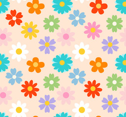70s groovy seamless pattern with flowers. Colorful print with vintage cartoon hippie flower petals and a retro vibe. Colorful design template for summer, spring background. Vector illustration