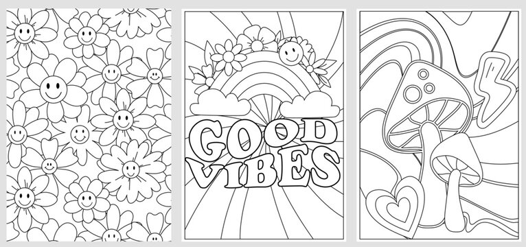 Groovy digital coloring pages set. Hippie coloring book in vintage 70s style. Geometric retro design templates with Psychedelic flowers, mushrooms, rainbow and hand drawn elements. Vector illustration