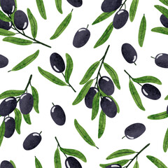Seamless olives pattern. Vector watercolor olive branches illustration