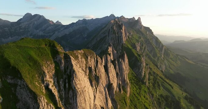 aerial view of Alpstein massif mountains at sunset alps in Switzerland 