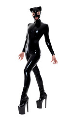 Fototapeta na wymiar Beautiful Woman in Latex Catsuit with Mask and Collar