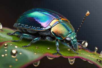 Green bug sitting on leaf with drops of water on it. Macro. Generative AI