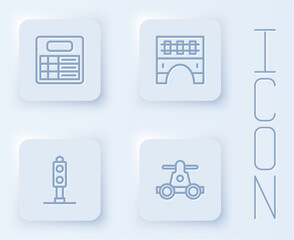 Set line Train station board, Bridge for train, traffic light and Handcar transportation. White square button. Vector