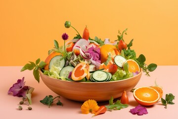  a bowl filled with lots of different types of fruit and vegetables next to a sliced orange and purple flowers on a pink surface with a yellow background.  generative ai