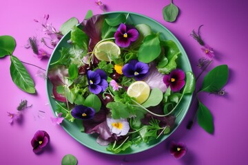  a green bowl filled with purple pansies and green leaves on a purple surface with purple flowers and green leaves surrounding it and a lemon slice.  generative ai