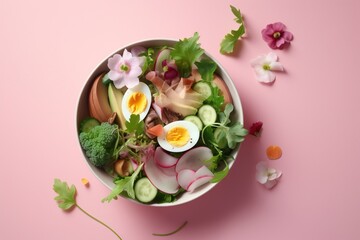  a bowl of food with broccoli, cucumbers, eggs, and other vegetables on a pink surface with flowers and leaves.  generative ai