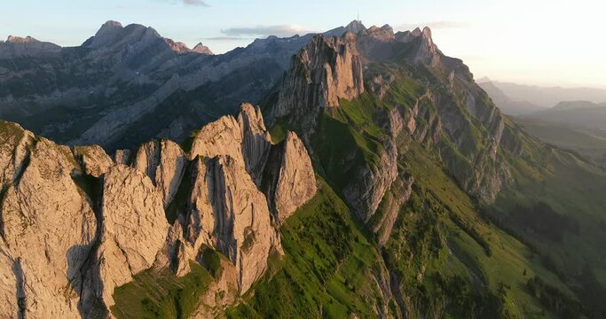 aerial view of Alpstein alps in Switzerland at sunset