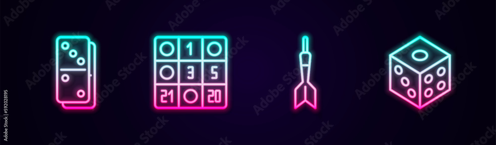 Sticker Set line Domino, Bingo card, Dart arrow and Game dice. Glowing neon icon. Vector