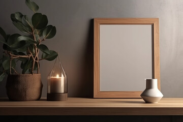 Empty white frame mock up on wall. Modern scandinavian style interior with wooden furniture. Blank for template with copy space. Created with Generative AI