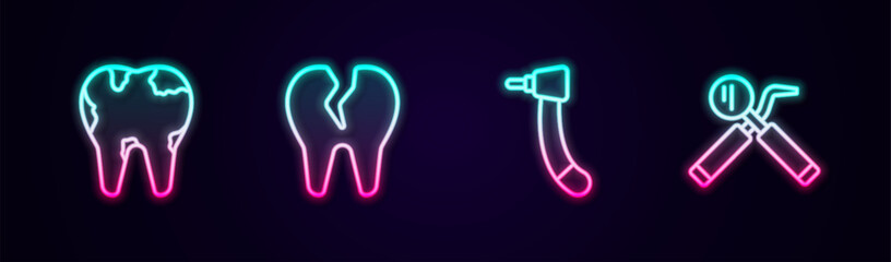 Set line Broken tooth, Tooth drill and Dental mirror and probe. Glowing neon icon. Vector