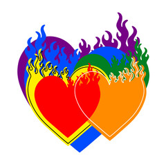 Burning hearts,color of the homosexual rainbow flag, lgbt lgbtq community, gay symbol,Pride parade, isolated,linear drawn art, shirt print,poster,card,colorful banner, illustration,burn,fire
