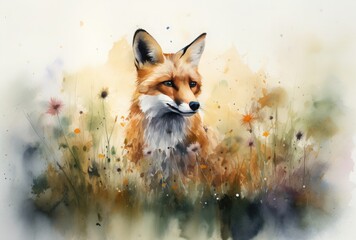 red fox vulpes in a meadow. generative ai