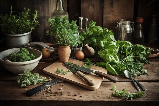  a wooden table topped with a cutting board and a bowl filled with greens next to a knife and a bowl of eggs and other vegetables.  generative ai