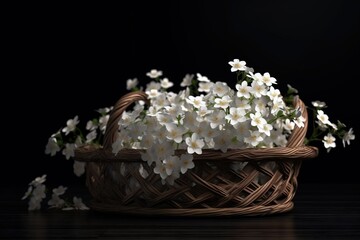 Fototapeta na wymiar a basket filled with white flowers on top of a wooden table next to a black wall with a black background and a black background behind it. generative ai