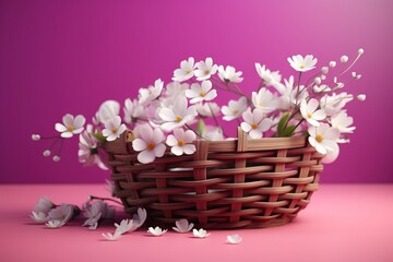 Obraz na płótnie Canvas a basket filled with white flowers on top of a pink tablecloth covered table next to a purple wall and a pink background with a pink background. generative ai