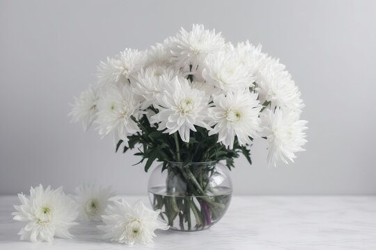  a vase filled with white flowers on top of a white counter top next to another vase filled with white flowers on top of a white counter top.  generative ai